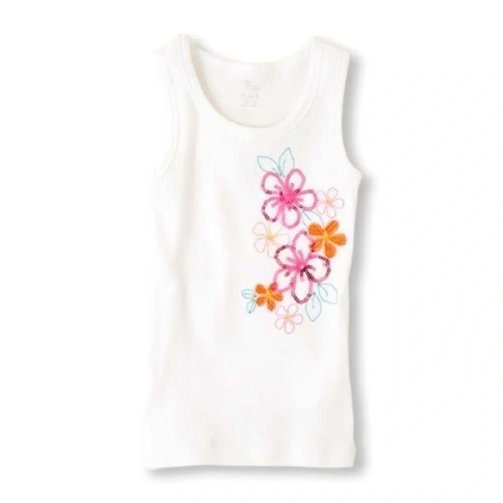 Girls White Flower Sequin Sleeveless Tank Top